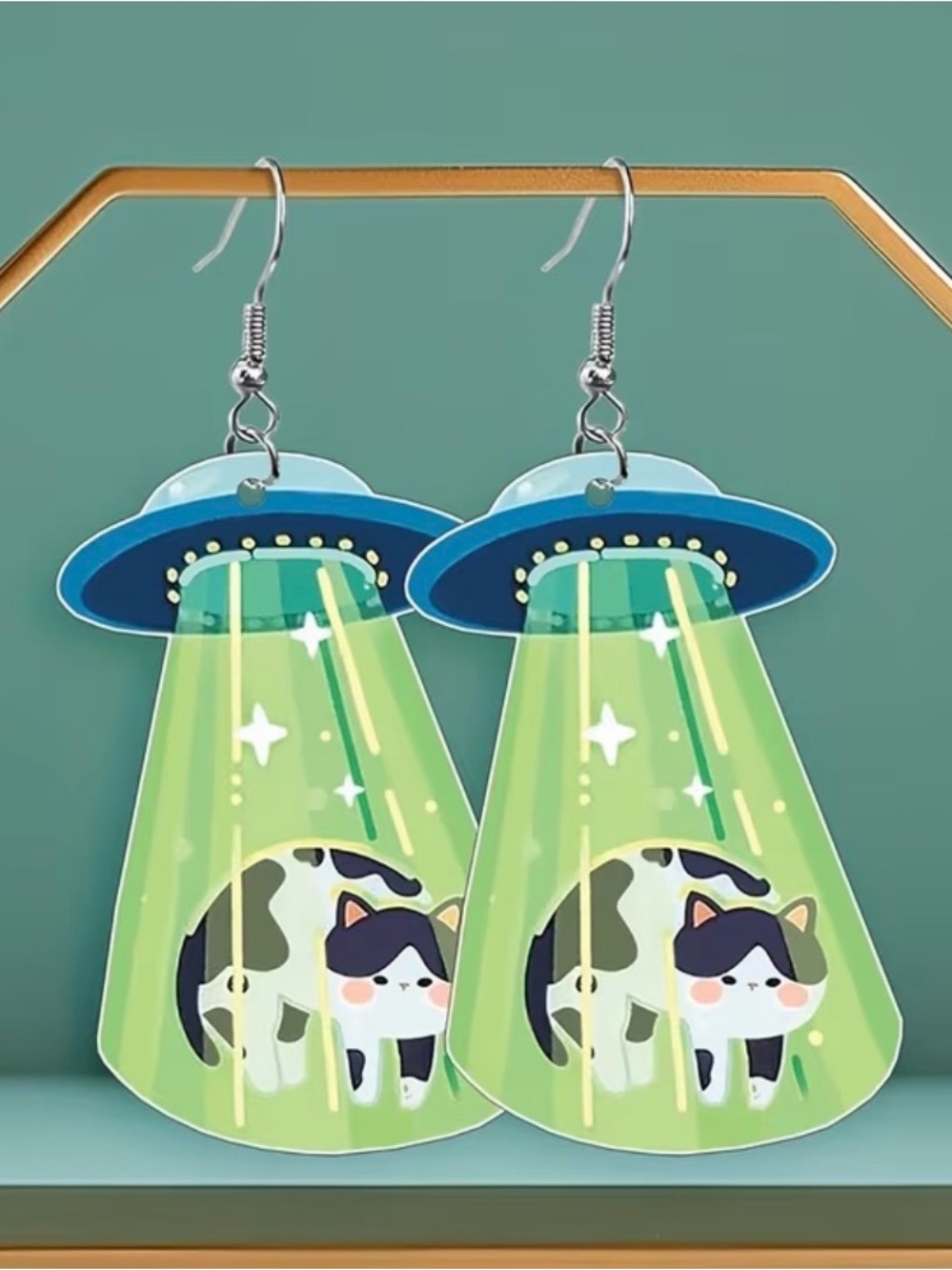 Cute Acrylic Green UFO Cat Drop Earrings - Picture 3 of 3